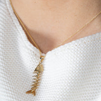 Load image into Gallery viewer, Solid 14K Yellow Gold Dangling Fishbones Pendant with Cable, Curb, or Figaro Chain Necklaces
