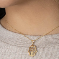 Load image into Gallery viewer, 14K Yellow Gold CZ Hamsa Hand of God with Star of David Pendant Necklace

