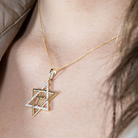 Load image into Gallery viewer, 14k Yellow Gold CZ Star of David with Religious Cross Judeo Christian Pendant (Large)
