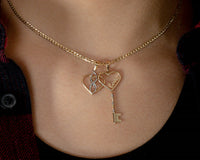 Load image into Gallery viewer, 14k Tri-Color Gold Love Written Open Heart Beaded Key Pendant
