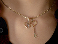Load image into Gallery viewer, 14k Tri-Color Gold Love Written Open Heart Beaded Key Pendant with Cable, Curb or Figaro Chain Necklace
