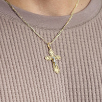 Load image into Gallery viewer, 14k Two Tone Gold Open Outline Cross Eastern Orthodox Crucifix Pendant
