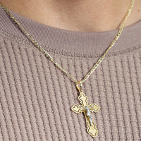 Load image into Gallery viewer, 14k Two Tone Gold Open Outline Cross Eastern Orthodox Crucifix Pendant Figaro Link Necklace
