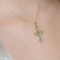 Load image into Gallery viewer, 14k Two Tone Gold Textured Filigree Eastern Orthodox Cross 3D Jesus Crucifix Pendant Necklace
