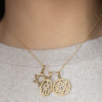 Load image into Gallery viewer, 14K Yellow Gold CZ Hamsa Hand of God with Star of David Pendant
