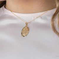 Load image into Gallery viewer, Solid 14k Yellow Gold Small Our Lady Of Guadalupe Pray For Us Miraculous Medal Pendant with Cable Chain Necklace
