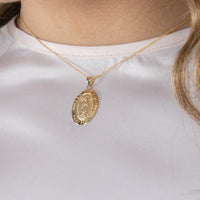 Load image into Gallery viewer, Solid 14k Yellow Gold Guadalupe Miraculous Medal Pendant Necklace with Cable Chain
