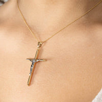 Load image into Gallery viewer, 14k Yellow Gold Tubular Crucifix Two-Tone Cross Pendant Necklace
