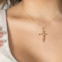 Load image into Gallery viewer, 14k Yellow Gold INRI Tubular Cross Charm Traditional Roman Catholic Crucifix Pendant With Cable, Curb or Figaro Chain Necklace
