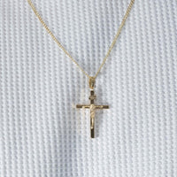 Load image into Gallery viewer, 14k Yellow Gold 3D INRI Catholic Christian Crucifix Cross Pendant with Cuban Chain Curb Necklace
