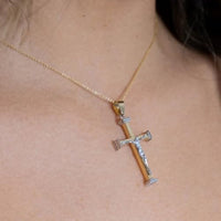 Load image into Gallery viewer, 14k Solid Two-Tone Gold 3D Religious Crucifix Cross Pendant Necklace
