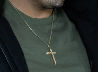 Load image into Gallery viewer, 14k Yellow Gold 4mm Thick INRI Tubular Large Crucifix Slanted-Edge Cross Pendant with Curb Chain Necklace
