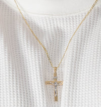 Load image into Gallery viewer, 14k Two-Tone Gold 4mm Thick INRI Tubular Cross Roman Catholic Crucifix Pendant With Cable, Curb or Figaro Chain Necklace

