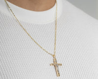 Load image into Gallery viewer, 14k Two-Tone Gold 4mm Thick INRI Tubular Crucifix Roman Catholic Cross Pendant With Cable, Curb or Figaro Chain Necklace
