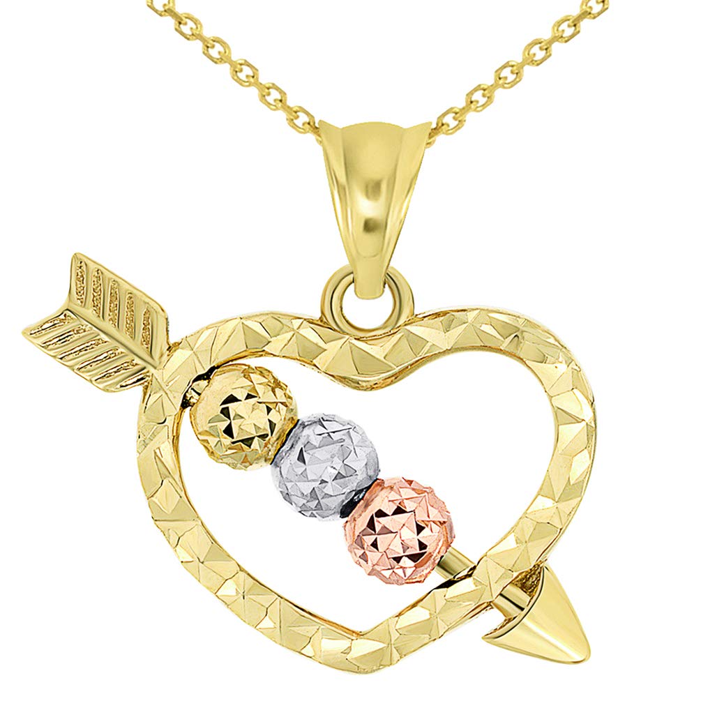14k Tri-Color Gold Beaded Cupid's Love Arrow Through Textured Small Heart Pendant Necklace with Cable, Curb, or Figaro Chain