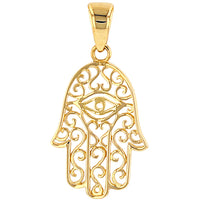 Load image into Gallery viewer, Solid 14K Yellow Gold Filigree Hamsa Hand of Fatima with Evil Eye Pendant Cuban Chain Curb Necklace
