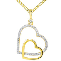 Load image into Gallery viewer, 14k Yellow Gold CZ Dangling Sideways Open Double Heart Pendant Figaro Necklace
