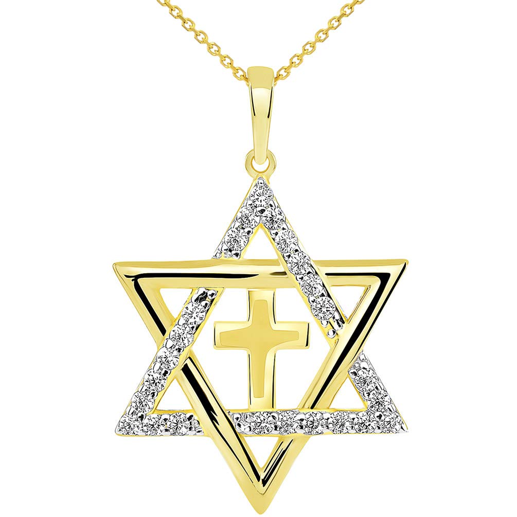 14k Yellow Gold CZ Star of David with Religious Cross Judeo Christian Pendant Necklace
