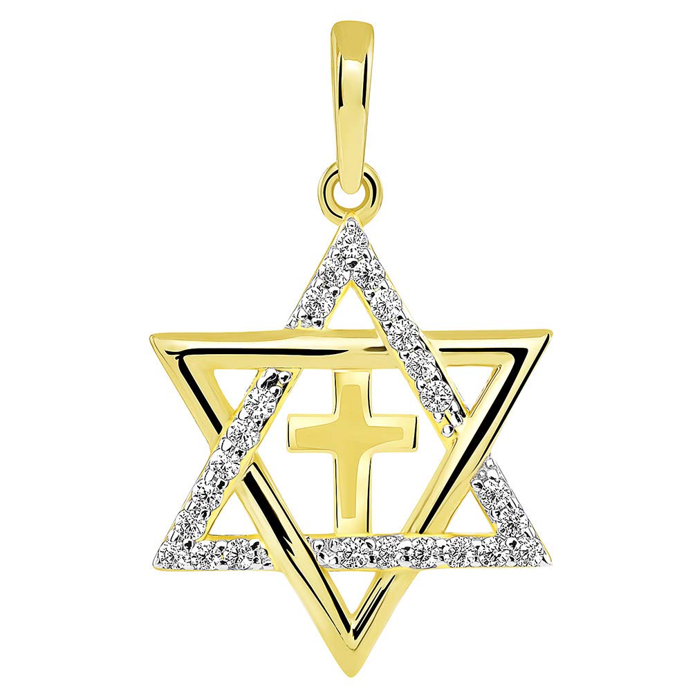 14k Yellow Gold CZ Star of David with Religious Cross Judeo Christian Pendant (Small)