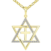 Load image into Gallery viewer, 14k Yellow Gold Medium CZ Star of David with Religious Cross Judeo Christian Pendant Figaro Necklace
