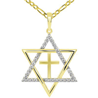 Load image into Gallery viewer, 14k Yellow Gold Large CZ Star of David with Religious Cross Judeo Christian Pendant Figaro Necklace
