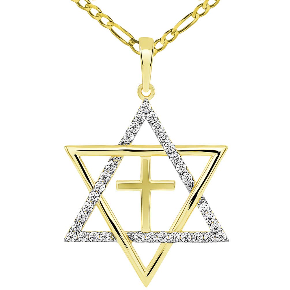 14k Yellow Gold Large CZ Star of David with Religious Cross Judeo Christian Pendant Figaro Necklace