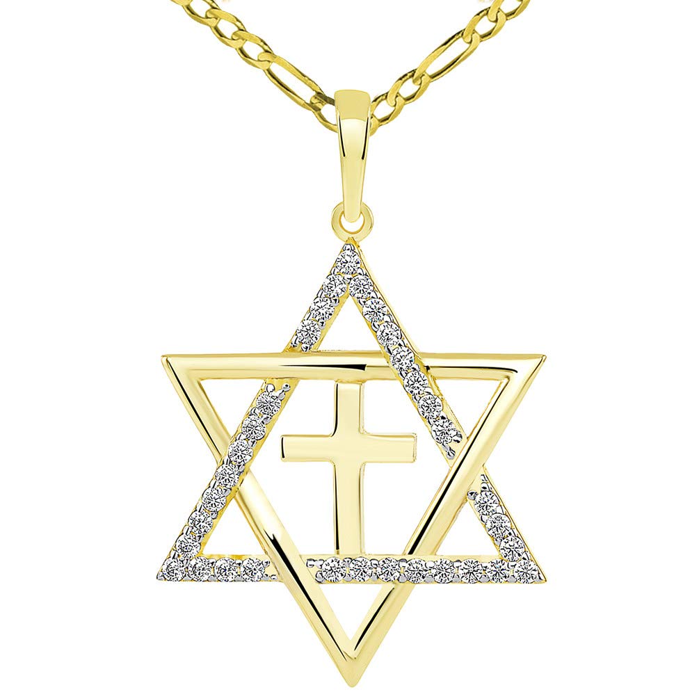 14k Yellow Gold Medium CZ Star of David with Religious Cross Judeo Christian Pendant Figaro Necklace