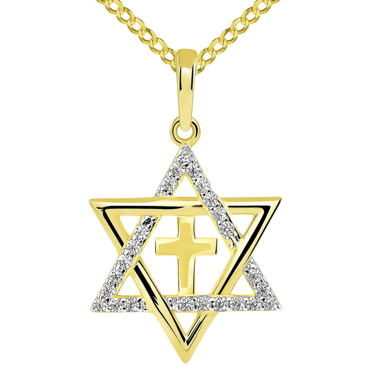 14k Gold CZ Star of David with Religious Cross Judeo Christian Pendant Cuban Necklace - Yellow Gold