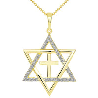 Load image into Gallery viewer, 14k Yellow Gold Medium CZ Star of David with Religious Cross Judeo Christian Pendant Necklace
