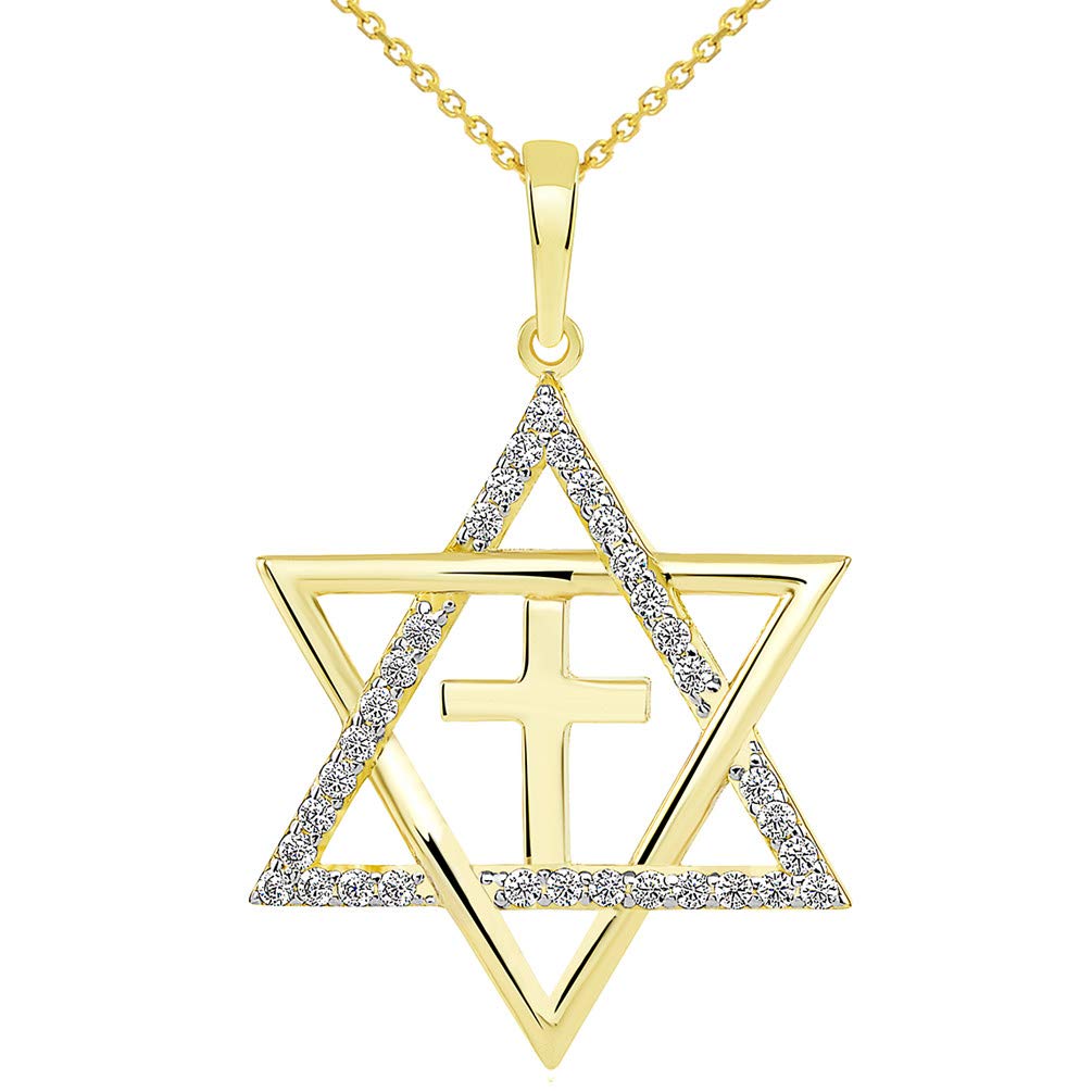 14k Yellow Gold Medium CZ Star of David with Religious Cross Judeo Christian Pendant Necklace