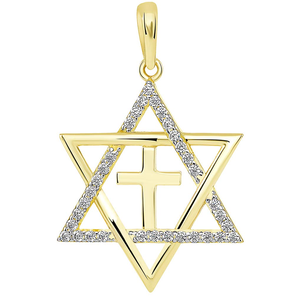 14k Yellow Gold CZ Star of David with Religious Cross Judeo Christian Pendant (Medium)