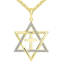 Load image into Gallery viewer, 14k Yellow Gold Medium CZ Star of David with Religious Cross Judeo Christian Pendant Cuban Necklace
