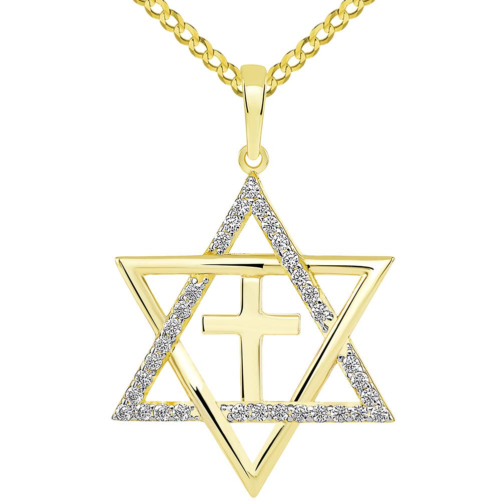14k Yellow Gold Medium CZ Star of David with Religious Cross Judeo Christian Pendant Cuban Necklace