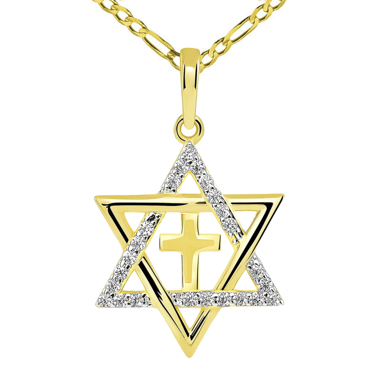 14k Gold CZ Star of David with Religious Cross Judeo Christian Pendant Figaro Necklace - Yellow Gold