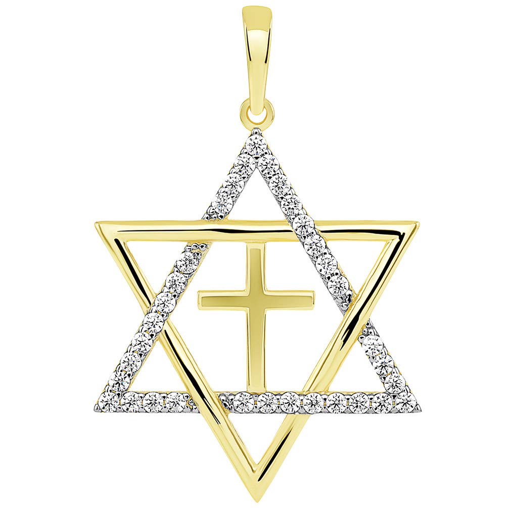 14k Yellow Gold CZ Star of David with Religious Cross Judeo Christian Pendant (Large)