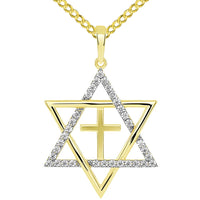 Load image into Gallery viewer, 14k Yellow Gold Large CZ Star of David with Religious Cross Judeo Christian Pendant Cuban Necklace
