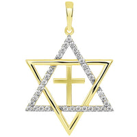 Load image into Gallery viewer, 14k Yellow Gold Large CZ Star of David with Religious Cross Judeo Christian Pendant Cuban Necklace

