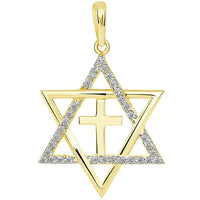 Load image into Gallery viewer, 14k Yellow Gold Medium CZ Star of David with Religious Cross Judeo Christian Pendant Necklace
