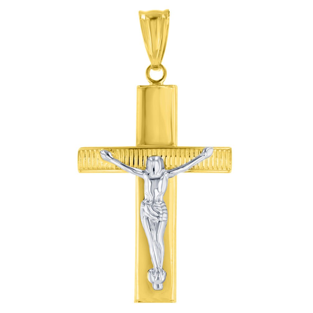 Textured 14K Two-Tone Gold Catholic Cross Crucifix with Jesus Christ Charm Pendant