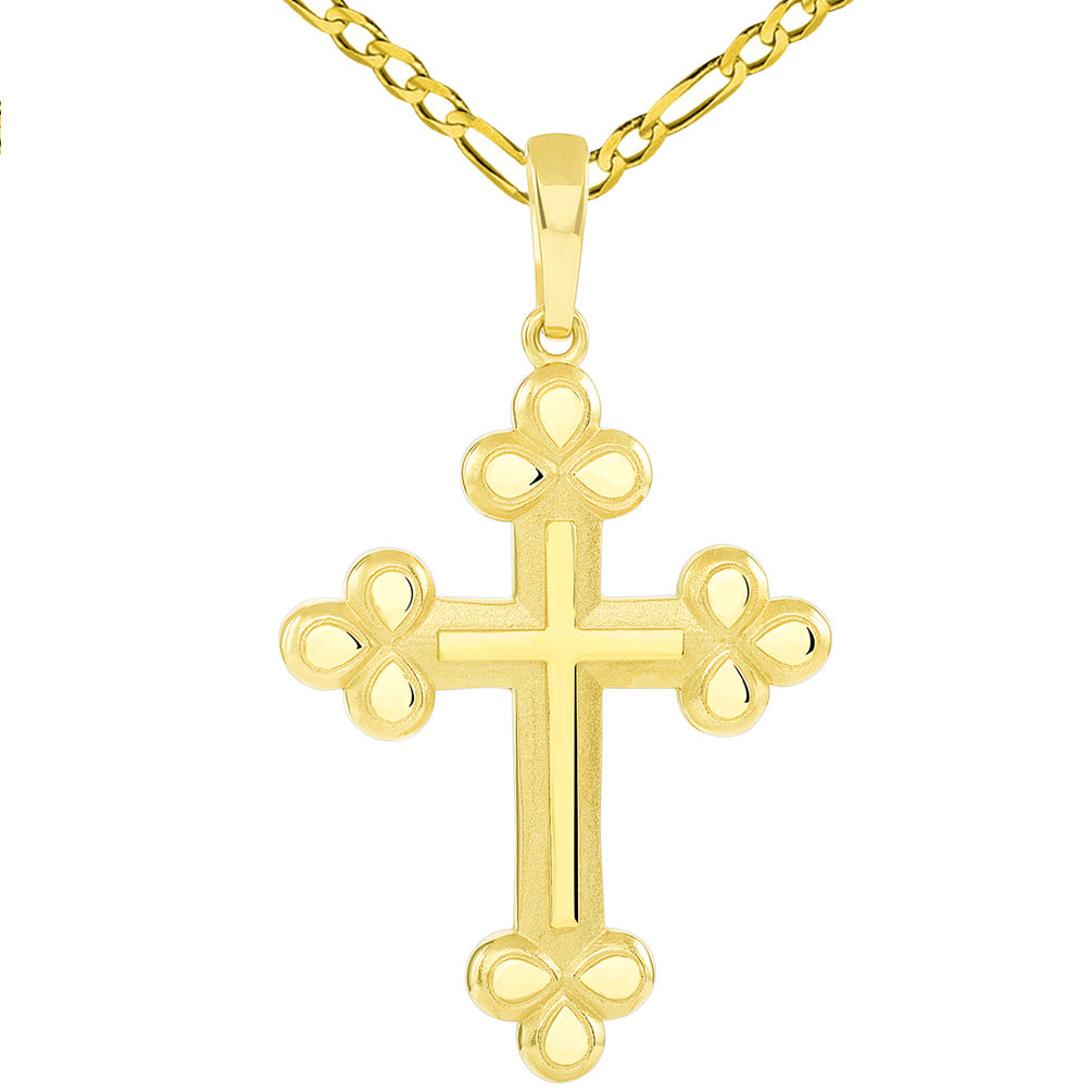 14k Gold Polished and Matte Finish Christian Eastern Orthodox Cross Pendant with Figaro Necklace - Yellow Gold