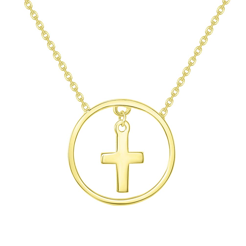 14k Yellow Gold Circle of Life Religious Cross Necklace with Lobster Claw Clasp (16" to 18" Adjustable Chain)