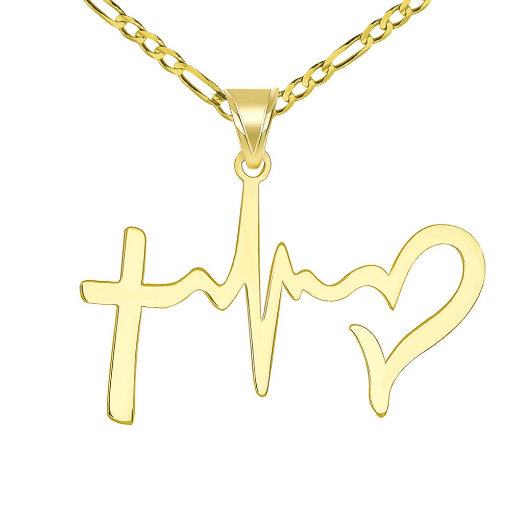 Solid 14k Yellow Gold Cross Heartbeat Heart Faith Hope and Love Silhouette Pendant with Figaro Necklace