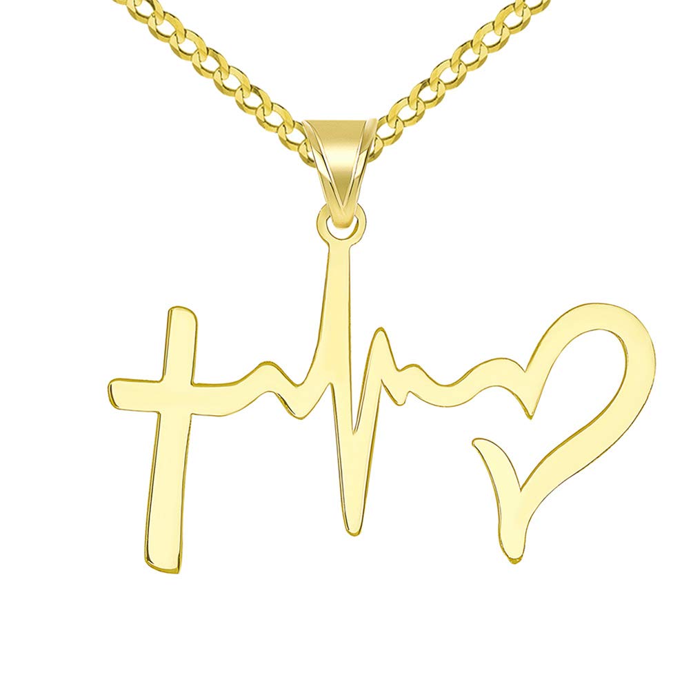Solid 14k Yellow Gold Cross Heartbeat Heart Faith Hope and Love Silhouette Pendant with Cuban Necklace