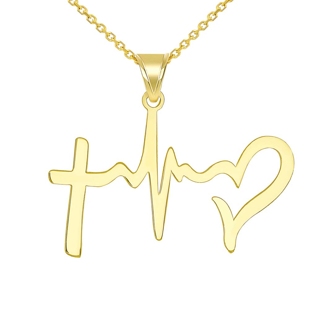 Solid 14k Yellow Gold Cross Heartbeat Heart Faith Hope and Love Silhouette Pendant Necklace