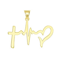 Load image into Gallery viewer, Solid 14k Yellow Gold Cross Heartbeat Heart Faith Hope and Love Silhouette Pendant with Cuban Necklace
