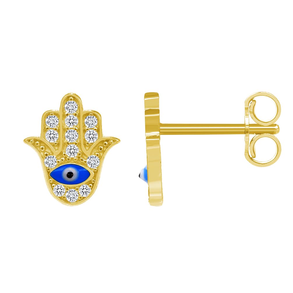 14k Yellow Gold Cubic-Zirconia Hamsa Hand of Fatima with Evil Eye Stud Earrings with Push Back, 9mm