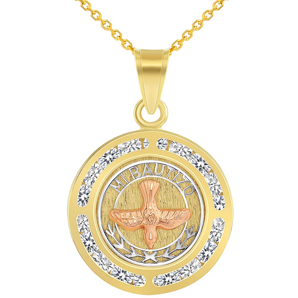 14k Yellow and Rose Gold Cubic-Zirconia Mi Bautizo Holy Spirit Dove Medallion Pendant with Cable Necklace