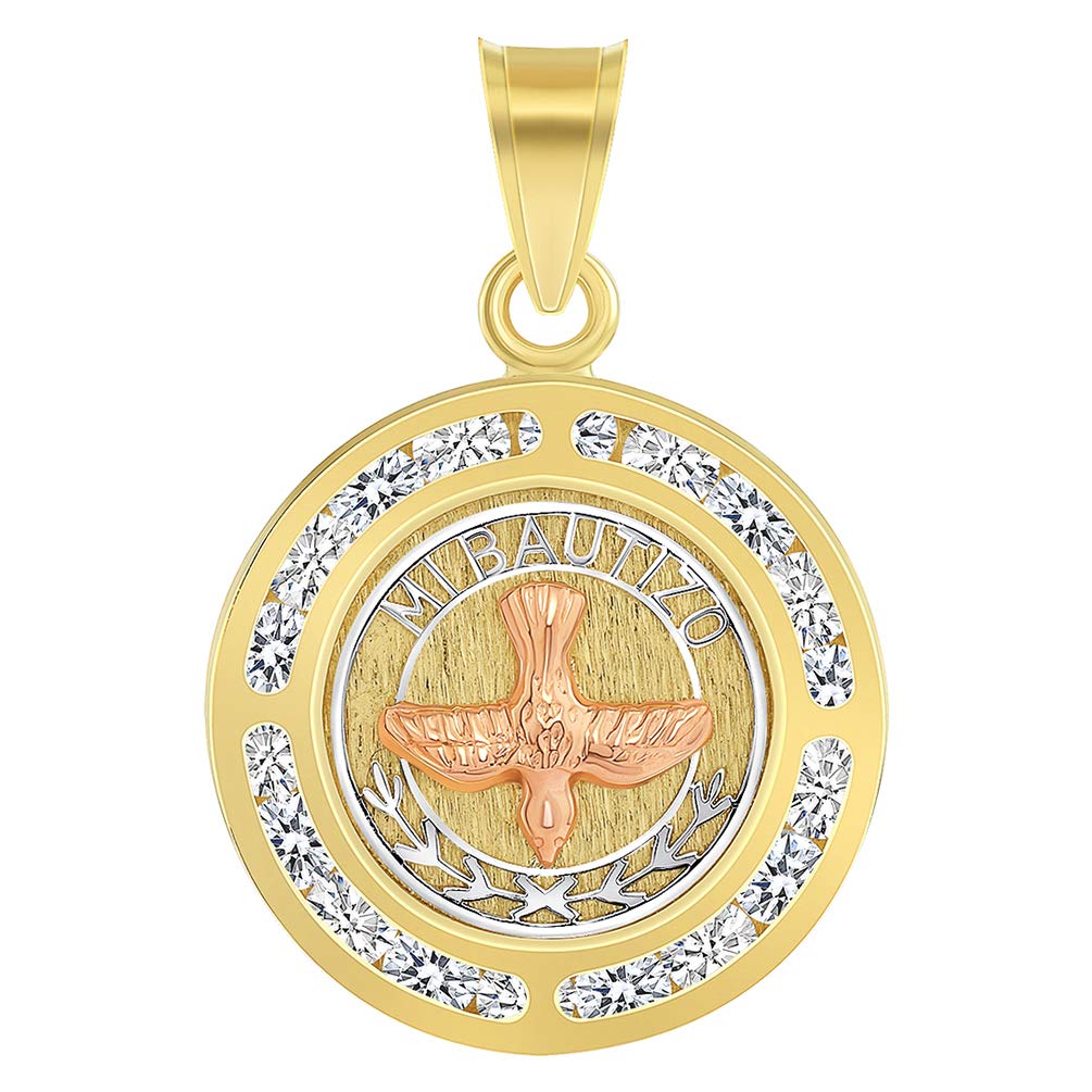 14k Yellow and Rose Gold Cubic-Zirconia Mi Bautizo Holy Spirit Dove Medallion Pendant
