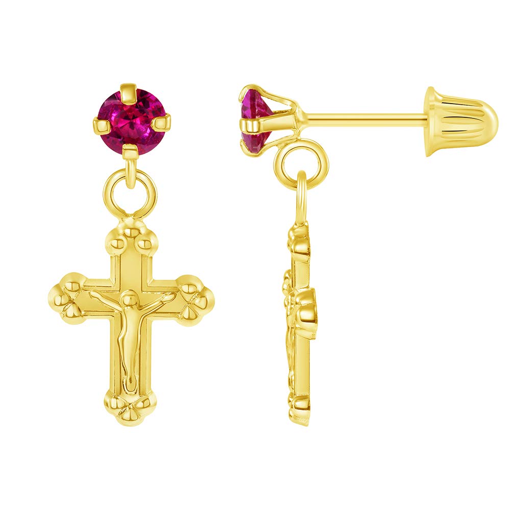 14k Yellow Gold Cubic-Zirconia Religious Cross Crucifix Dangling Drop Stud Earrings with Screw Back