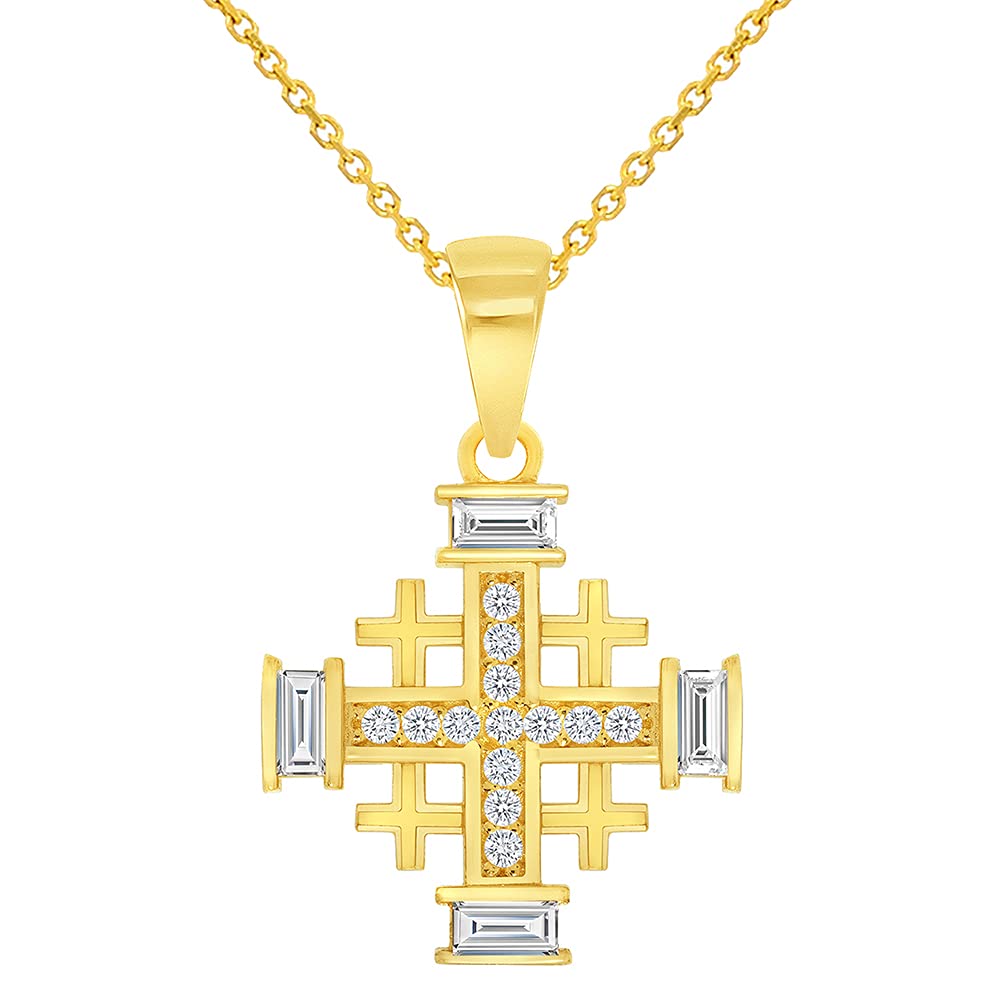 14k Yellow Gold Cubic-Zirconia Religious Crusaders Jerusalem Cross Charm Pendant with Rolo Cable, Cuban Curb, or Figaro Chain Necklaces